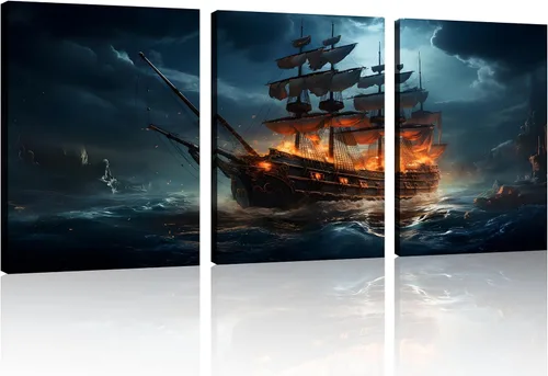TutuBeer 3 Piezas Arte de Pared Batalla Naval Barco Imagen Barco Pirata Velero Póster Barco Pirata Azul en Llamas Imagen Impresa en Lienzo Póster de