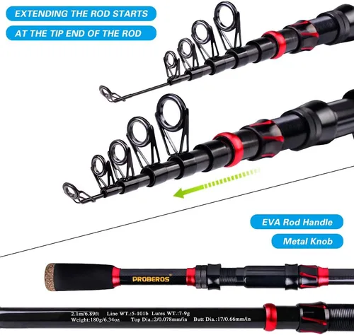 Miniatura 4 de Combo de caña de pescar y carrete, caña de pescar telescópica de fibra de carbono de 6.9 pies con combo de carrete de spinning/baitcasting, agua A