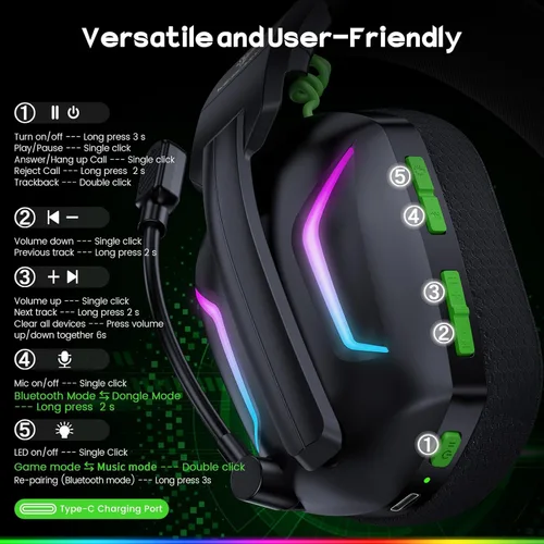 Miniatura 9 de WESEARY Auriculares inalámbricos para juegos para PS5, PS4, PC, Switch y Mac, latencia ultra baja de 20 ms, USB de 2.4 GHz y Bluetooth 5.4