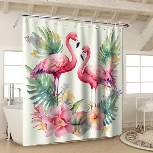 Miniatura 3 de Cortina de ducha con diseño de flamenco, diseño de animales románticos, hojas de palmera tropicales, verde salvia, floral, diseño natural, acuarela