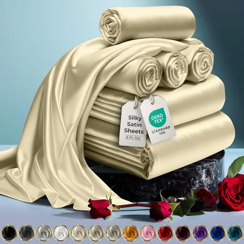 Miniatura 52 de DECOLURE Sábanas de satén para cama - Juego de 6 piezas de ropa de cama de lujo sedosa tamaño King - Más suave que la seda, sin arrugas con sábana