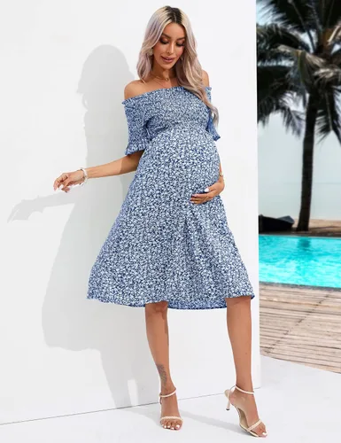 Miniatura 9 de KOJOOIN Women's Maternity Short Sleeve Summer Midi Dress Off Shoulder Smocked Spring Casual Boho Dress Baby Shower Photoshoot