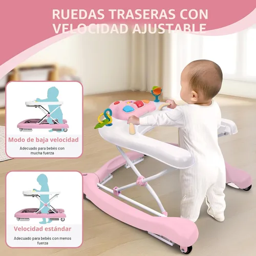 Miniatura 4 de Andador de actividades plegable 5 en 1 para bebé, balancín, centro de actividades, gorila, caminador de asiento, caminador de empuje, ruedas Rosa