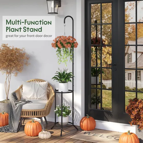 Miniatura 7 de Soporte de metal de 2 niveles para plantas colgantes para interiores y exteriores, estantes de hierro que ahorran espacio, estante de exhibición