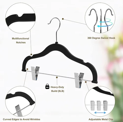 Miniatura 5 de Perchas de plástico de calidad para niños, no aterciopeladas, delgadas, compactas, con clips de metal, para faldas, pantalones, blusas, gancho Negro