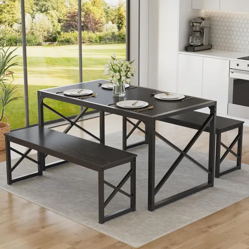 Miniatura 10 de VECELO Juego de mesa de comedor de cocina de 43.3 pulgadas para 4, marco de acero resistente y mesa de grano de madera, juegos de comedor que