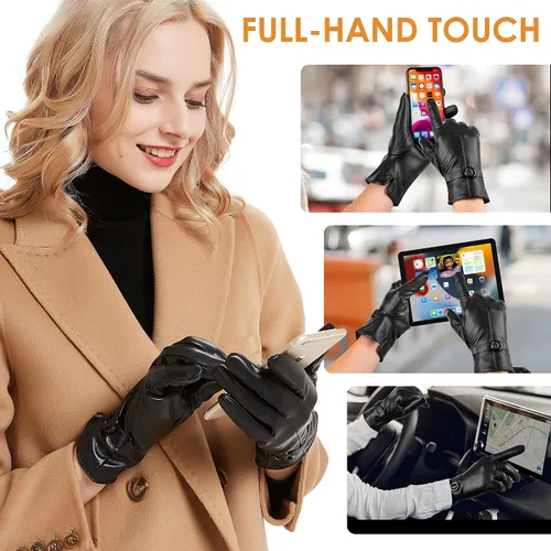 Miniatura 3 de Guantes de cuero de invierno para mujer, con pantalla táctil, guantes cálidos de piel de cordero