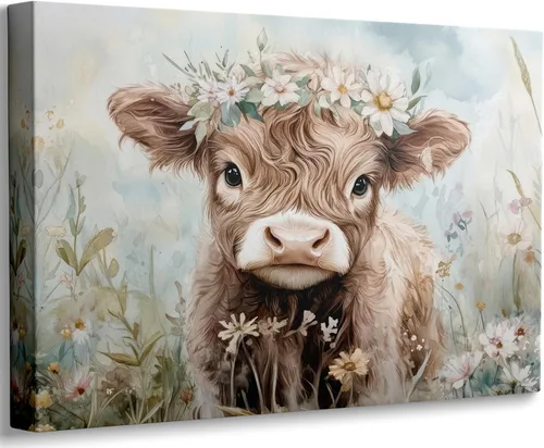Miniatura 10 de Divertido arte de pared de baño de vaca de las tierras altas, rústico, color marrón, lindo animal, pintura, imagen, decoración de pared, ganado