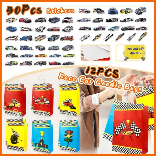 Miniatura 5 de Recuerdos de fiesta de coche de carreras, 110 piezas, con temática de automóvil, suministros para fiesta de cumpleaños, incluye pulseras, llaveros