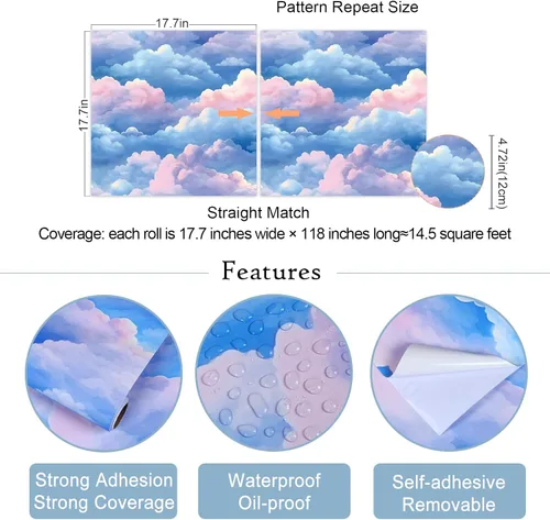 Miniatura 8 de VaryStyle Papel Tapiz Estético de Nubes Azul Brillante/Rosa Cielo Papel Tapiz Despegar y Pegar Papel de Contacto para Paredes Guardería 17.7"×118