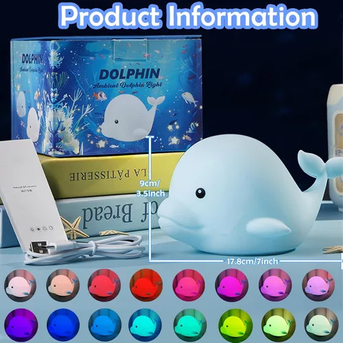 Miniatura 2 de Luz nocturna de delfín para niños, bonita luz nocturna, 16 colores de silicona, regulables, luces nocturnas para bebé, luz nocturna recargable