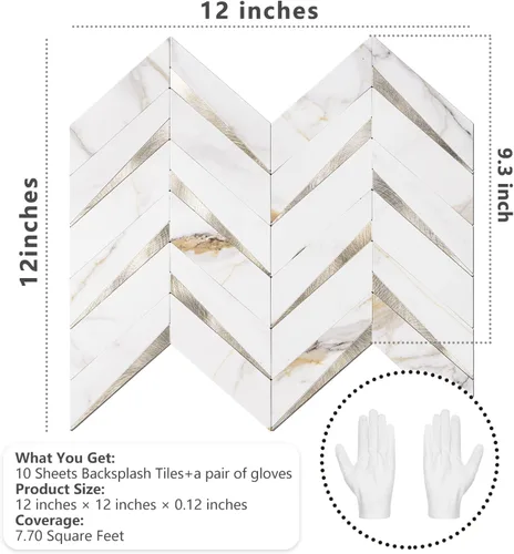 Miniatura 6 de STICKGOO 10 hojas de azulejos en espiga para despegar y pegar, mármol Calacatta mezclado con PVC dorado claro para salpicaderos, azulejos de pared