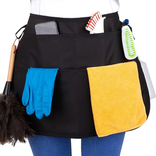 Delantal de limpieza profesional impermeable de 5 bolsillos. Hecho para limpiadores profesionales. Como un carrito de limpieza alrededor de tu Negro