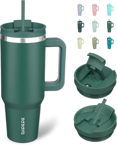 Miniatura 27 de BJPKPK - Vasos con aislamiento térmico, con asa y pajilla, vasos térmicos de acero inoxidable de 40 onzas con tapa, color rosado claro Rosa claro