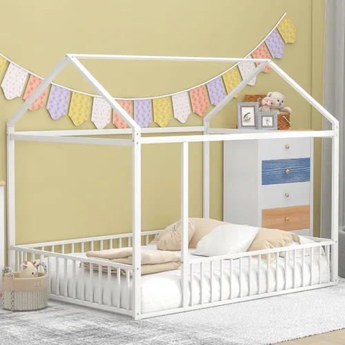 Miniatura 18 de Cama de metal de tamaño matrimonial con valla para niños, adolescentes, niñas, niños, cama de piso de casa, camas Montessori, se puede decorar marco