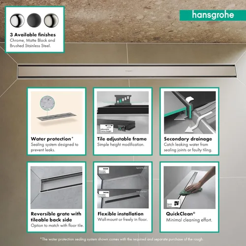 Miniatura 4 de hansgrohe RainDrain Match - Drenaje de ducha lineal para 23 5/8 pulgadas, con marco de altura ajustable en cromo, drenaje rectangular de acero