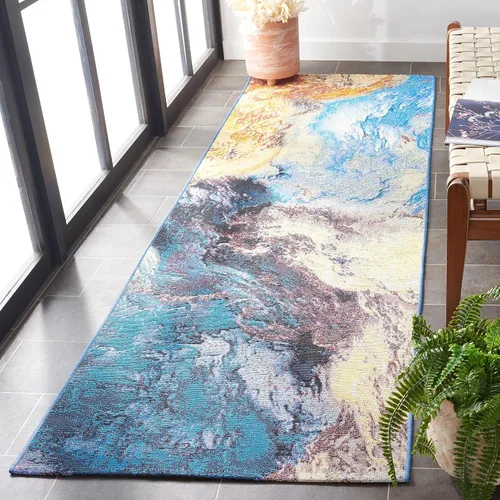 Miniatura 3 de SAFAVIEH Barbados Collection - Alfombra de pasillo de 2 pies 8 pulgadas x 8 pies, azul y oro óxido, diseño abstracto moderno, para interiores