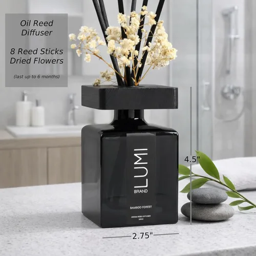 Miniatura 4 de Juego de regalo de aroma de lujo Bosque de bambú – Difusor de caña (6.8 fl oz), vela de soja con mecha de madera (7.05 oz), spray para habitación