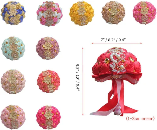 Miniatura 4 de Ramo de novia de 8 pulgadas con rosas de satén de 8 pulgadas con broches de cristal dorado hecho a medida, arreglo de centro de mesa, ramo azul real