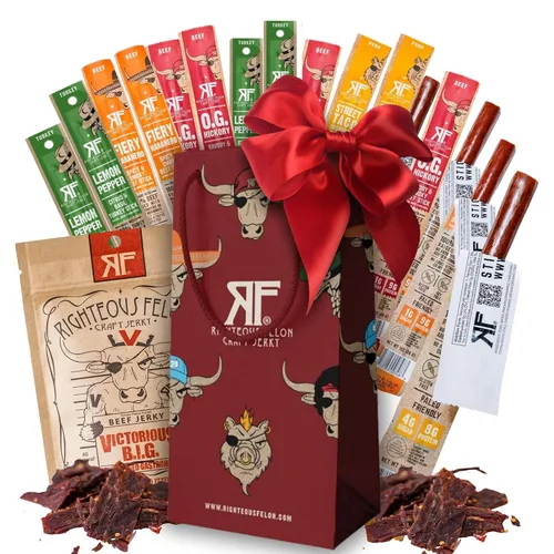 Righteous Felon Cesta de regalo variada de carne seca de res + palitos de carne, gran regalo para hombres, sin gluten, aperitivo saludable con alto
