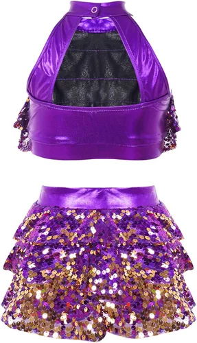 Miniatura 2 de Conjunto de camiseta corta metálica de lentejuelas con falda para niñas y niñas, trajes de baile latino de jazz, 2 piezas, disfraz de baile