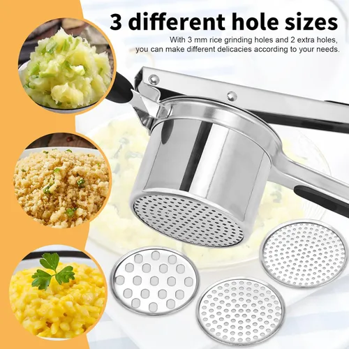 Miniatura 4 de Ricer de papas grande de 15 onzas con 3 discos intercambiables, de acero inoxidable resistente para puré de papas, herramienta de cocina con mango