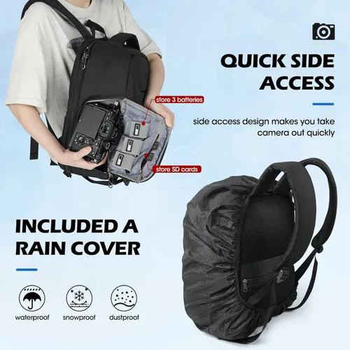 Miniatura 5 de RAINSMORE Mochila para cámara DSLR SLR sin espejo, compartimento profesional para laptop de 14 pulgadas, bolsa impermeable para fotografía