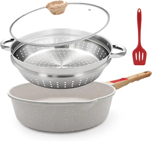 Miniatura 10 de Sartén antiadherente de 12 pulgadas con vaporizador, sartén profunda de 5 cuartos de galón con tapa, utensilios de cocina para cocinar, mango