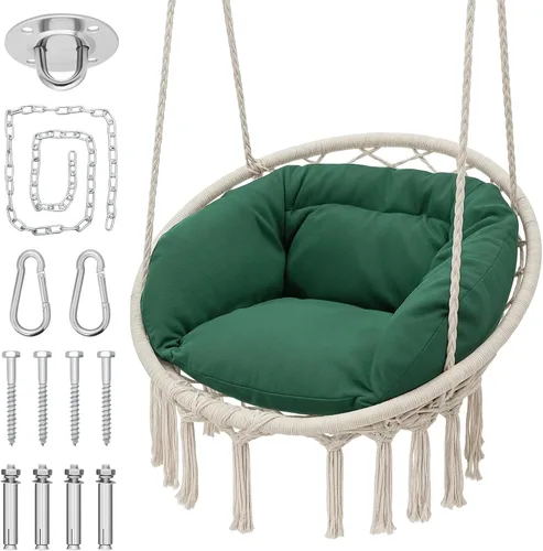 Miniatura 10 de Monibloom Silla hamaca colgante, silla columpio de macramé con cojín, capacidad de 350 libras para adultos y adolescentes, para porche al aire Beige