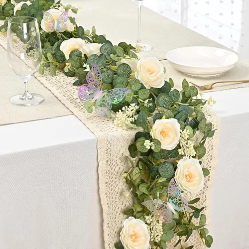 Miniatura 7 de Yastouay 2 guirnaldas de flores de 13.4 pies con mariposa, guirnalda de eucalipto artificial con flores de champán, rosa falsa de camelia