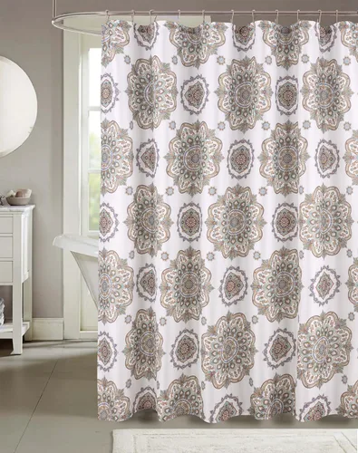 Miniatura 25 de Serafina Home Cortina de ducha bohemia, diseño floral de mandala azul marino, verde azulado, blanco, tela, 72 x 72 pulgadas, resistente a
