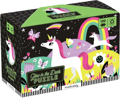 Mudpuppy Unicornios – Rompecabezas de 100 piezas que brillan en la oscuridad con una escena maravillosa de unicornios mágicos y detalles ocultos de