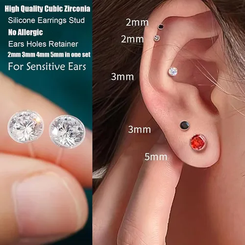 Miniatura 4 de Aretes de plástico antialérgicos para orejas sensibles, respaldos de silicona suave, kit de aretes de tuerca de circonita cúbica, 2mm, 3mm, 4mm, 5mm