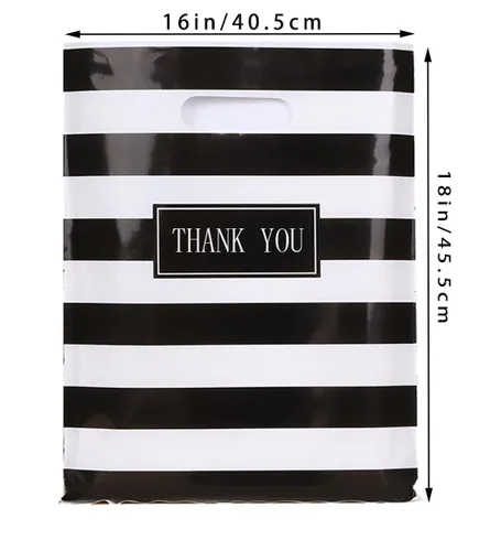 Miniatura 3 de 100 bolsas grandes de plástico troqueladas con asa de 16 x 18 pulgadas, diseño de rayas blancas y negras, para compras, boutiques, fiestas, 100
