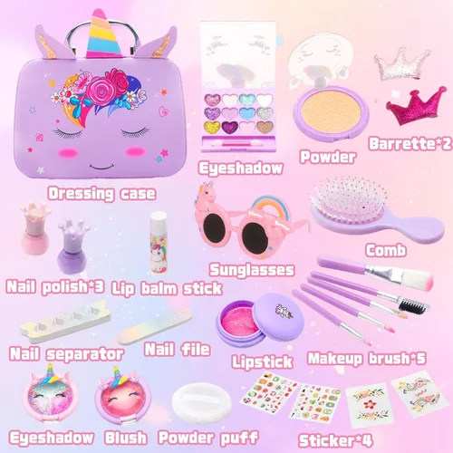 Miniatura 3 de Kit de maquillaje lavable y no tóxico para niñas, juego de cosméticos reales con espejo, brillo de labios y esmalte de uñas para edades de 4 a 8