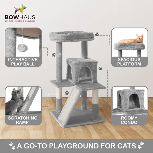 Miniatura 4 de BOWHAUS Árbol alto para gatos grandes o gatitos de interior, árbol de actividades para gatos de varios niveles con postes rascadores, hamaca