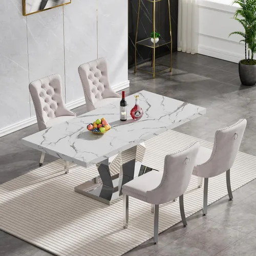 Miniatura 61 de Juego de mesa de comedor de mármol sintético, 7 piezas, juego de mesa de cocina y comedor para 6, mesa de comedor rectangular blanca de 70 pulgadas