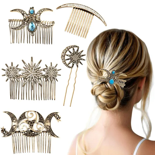 5 peines laterales de pelo vintage para mujer, decorativos, la luna, la media luna, las estrellas, clip de dientes de metal con agarre de dientes,