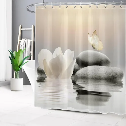 Miniatura 49 de EOBTAIN Cortina de ducha floral zen, lirio de agua blanca, mariposa y piedra zen gris, cortinas de ducha para baño, plantas, naturaleza, espiritual