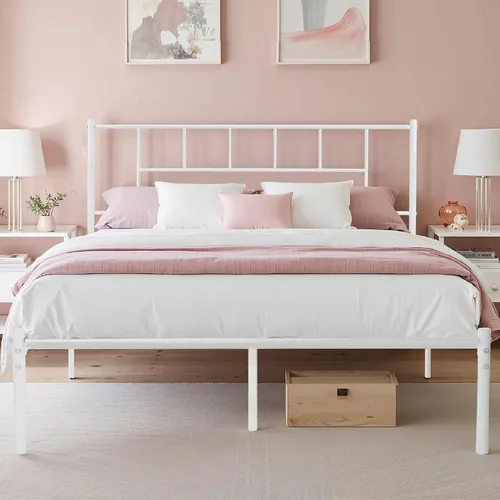 Miniatura 23 de VECELO Marco de cama de plataforma de metal completo con cabecero, soporte de listones de acero resistente, almacenamiento debajo de la cama,