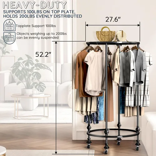 Miniatura 5 de Perchero redondo con ruedas, estante de ropa multiusos de doble espacio independiente con ruedas y parte superior, organizador de ropa comercial