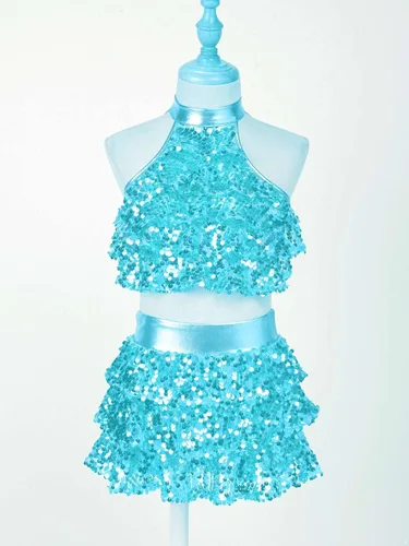Miniatura 38 de JEATHA Top corto con borlas y lentejuelas brillantes para niñas, con minifalda, jazz latino, salsa, samba, rumba, baile