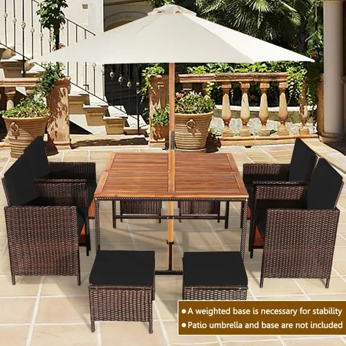 Miniatura 2 de HAPPYGRILL Juego de 9 piezas de comedor para patio al aire libre con asientos acolchados, mesa de comedor que ahorra espacio con mesa de madera