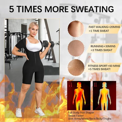 Miniatura 2 de Traje de sauna para mujer, entrenamiento de cintura de cuerpo completo, traje de sudor de manga corta con pantalones cortos moldeador de cuerpo