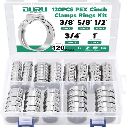 OURU Surtido de 120 anillos de crimpado Pex, abrazaderas Pex de acero inoxidable 304 de 3/8", 1/2", 3/4", 5/8", 1" abrazaderas de manguera de oreja