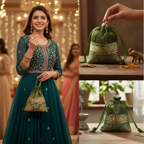 Miniatura 4 de Touchstone Preciosas bolsas de regalo reutilizables, respetuosas con el medio ambiente, con cordón grande con patrón de elefante brocado
