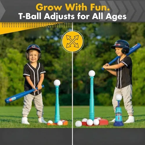 Miniatura 2 de TOMLEON Soporte de T-Ball para niños y niñas de 1-3, 3-5, 5-8 años. Set de béisbol con 6 pelotas grandes, camiseta de bateo T-ball ajustable