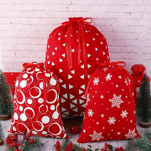 Miniatura 5 de MIMIND 6 bolsas de regalo de Navidad con cordón, tela de algodón rojo y blanco, bolsas de regalo de Navidad, bolsas reutilizables para fiestas