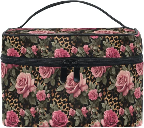 Miniatura 12 de Bolsa de maquillaje, bolsa organizadora de maquillaje de viaje con estampado de leopardo rosa, neceser para niñas, mujeres y mujeres, Geométrico 115