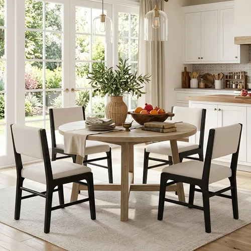 Miniatura 8 de HNY Juego de 2 sillas de comedor de lino beige con marco de madera negra, silla de cocina tapizada de tela moderna con respaldo rectangular, sillas